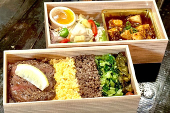 厚切り牛たん塩焼きステーキと牛たん挽肉の旨辛麻婆豆腐二段重