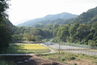 山里の風景が広がる。奥手が温川キャンプ場。